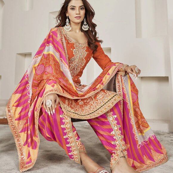 Designer Wedding Festive Wear Orange Punjabi Style Dhoti Salwar Suit - Picture 3 of 4